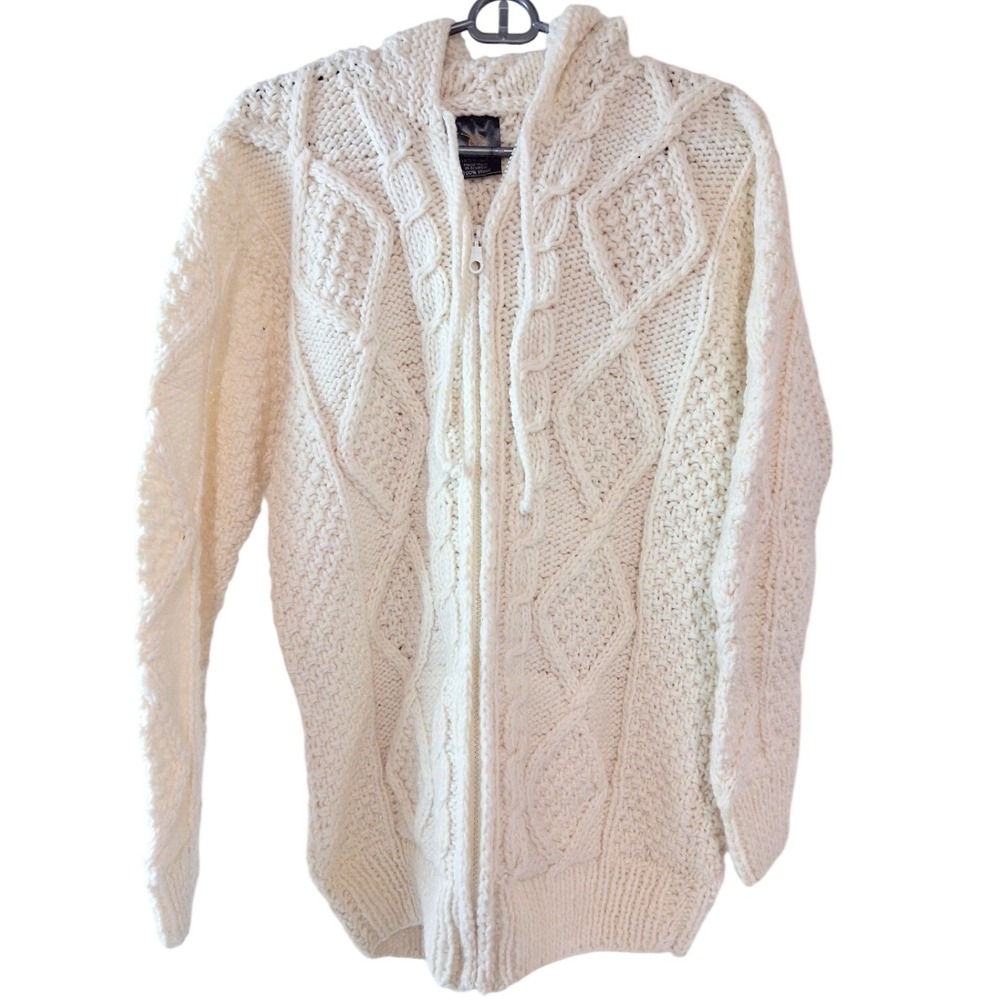 Native Knits Hand Made Ecuador 100% Wool Cable Knit Hooded Zip Sweater Cream L
